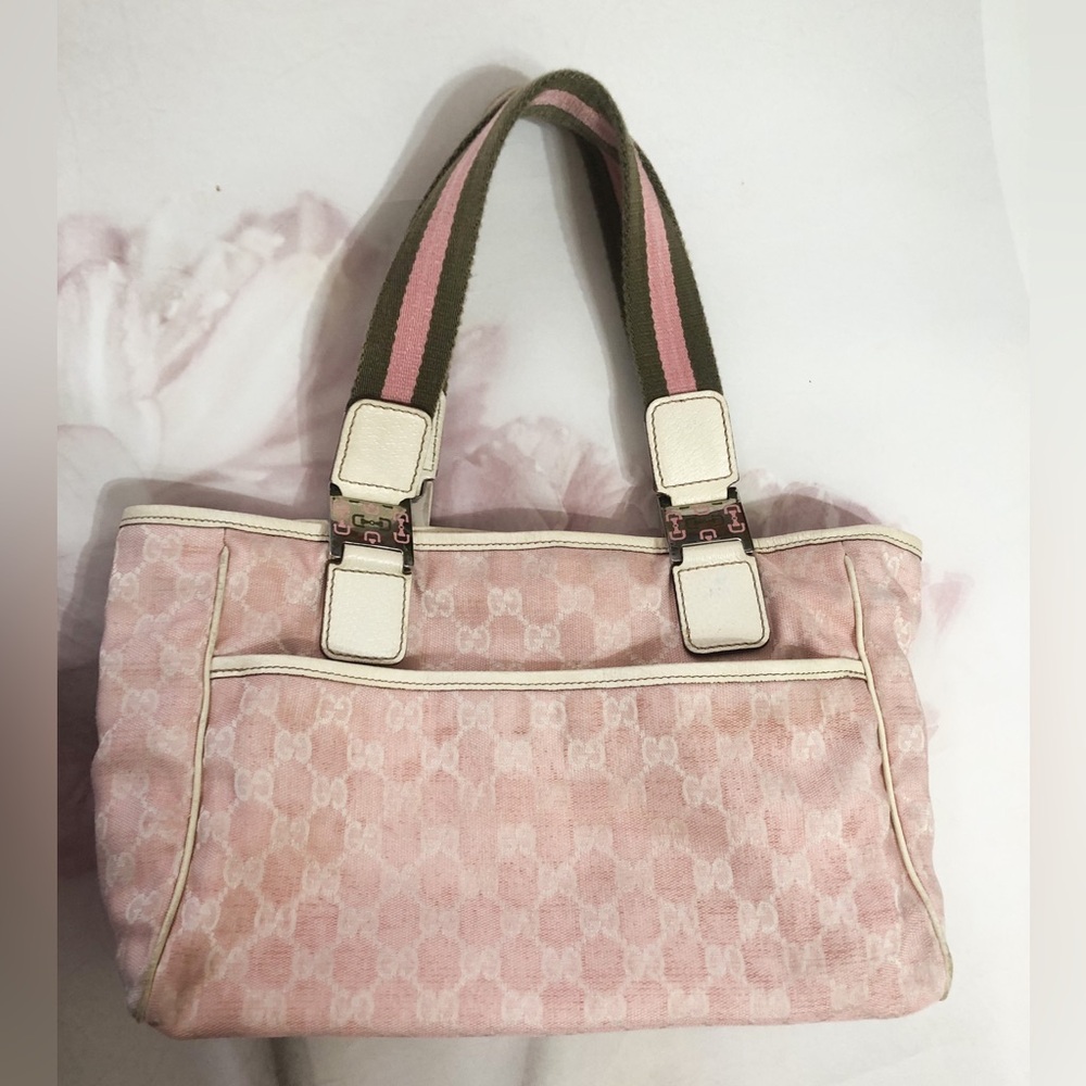 Gucci hand bag pink canvas tote pocket stripe Authentic RARE - Picture 2 of 14